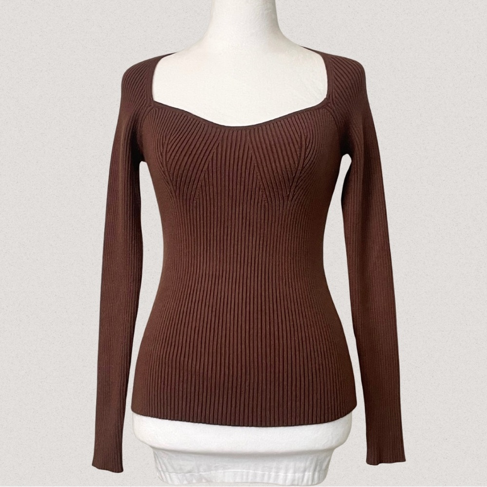 Chocolate Brown Ribbed Long Sleeve Sweater Top
